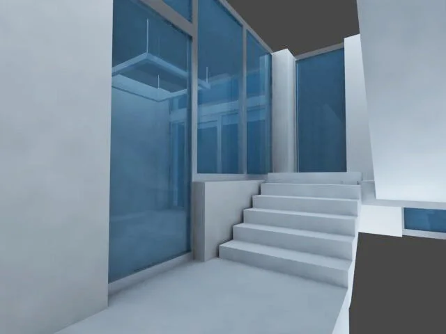 Architectural visualization of stairs beside a glass facade