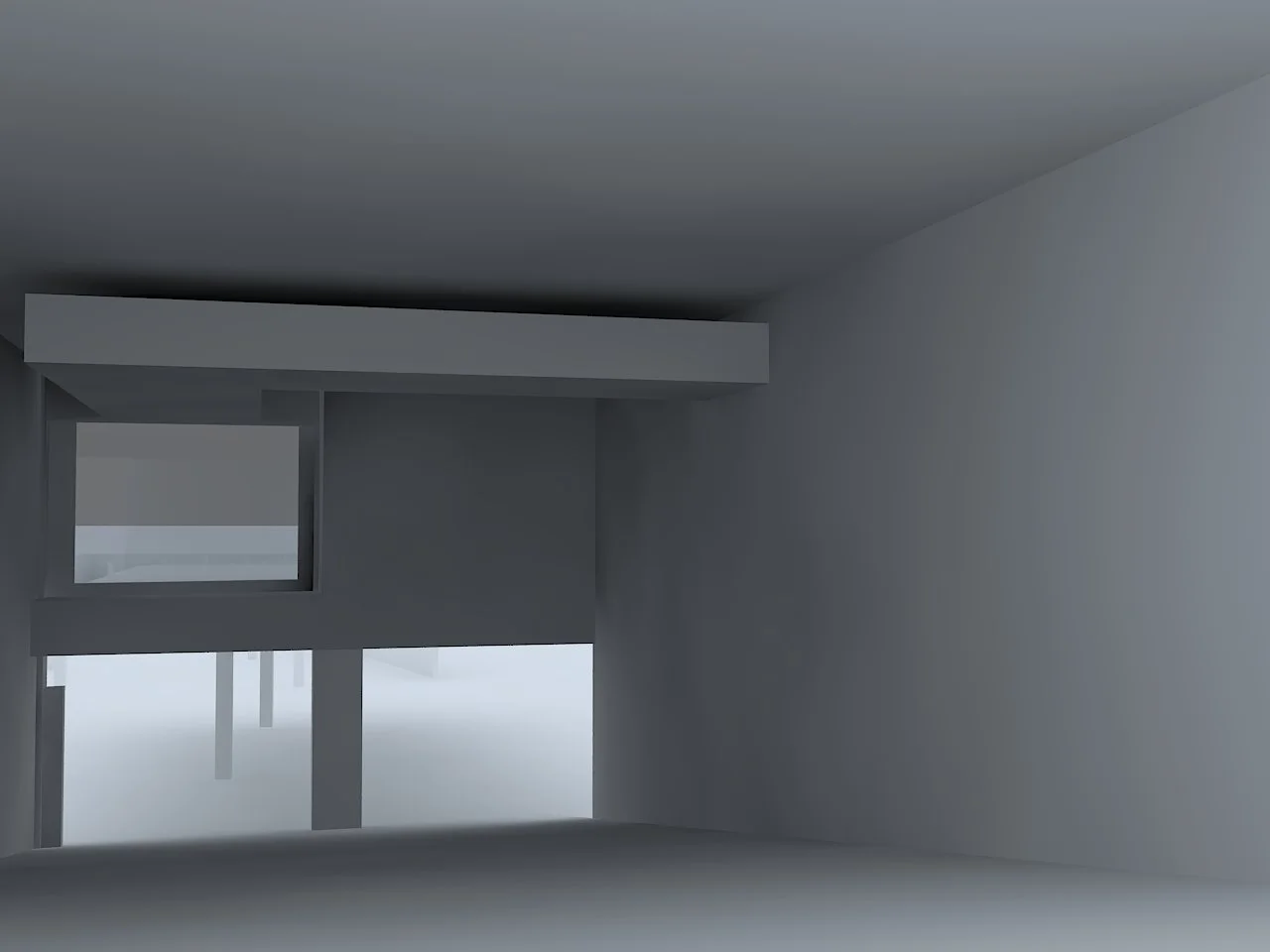 Architectural visualization of a dark room with a window and a door