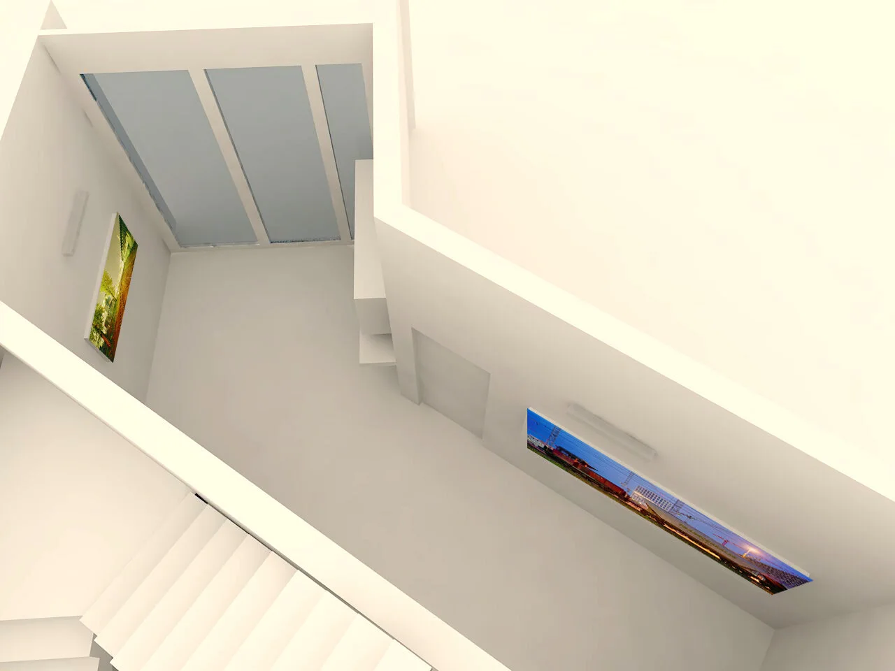 Architectural visualization with photographic art along a staircase wall