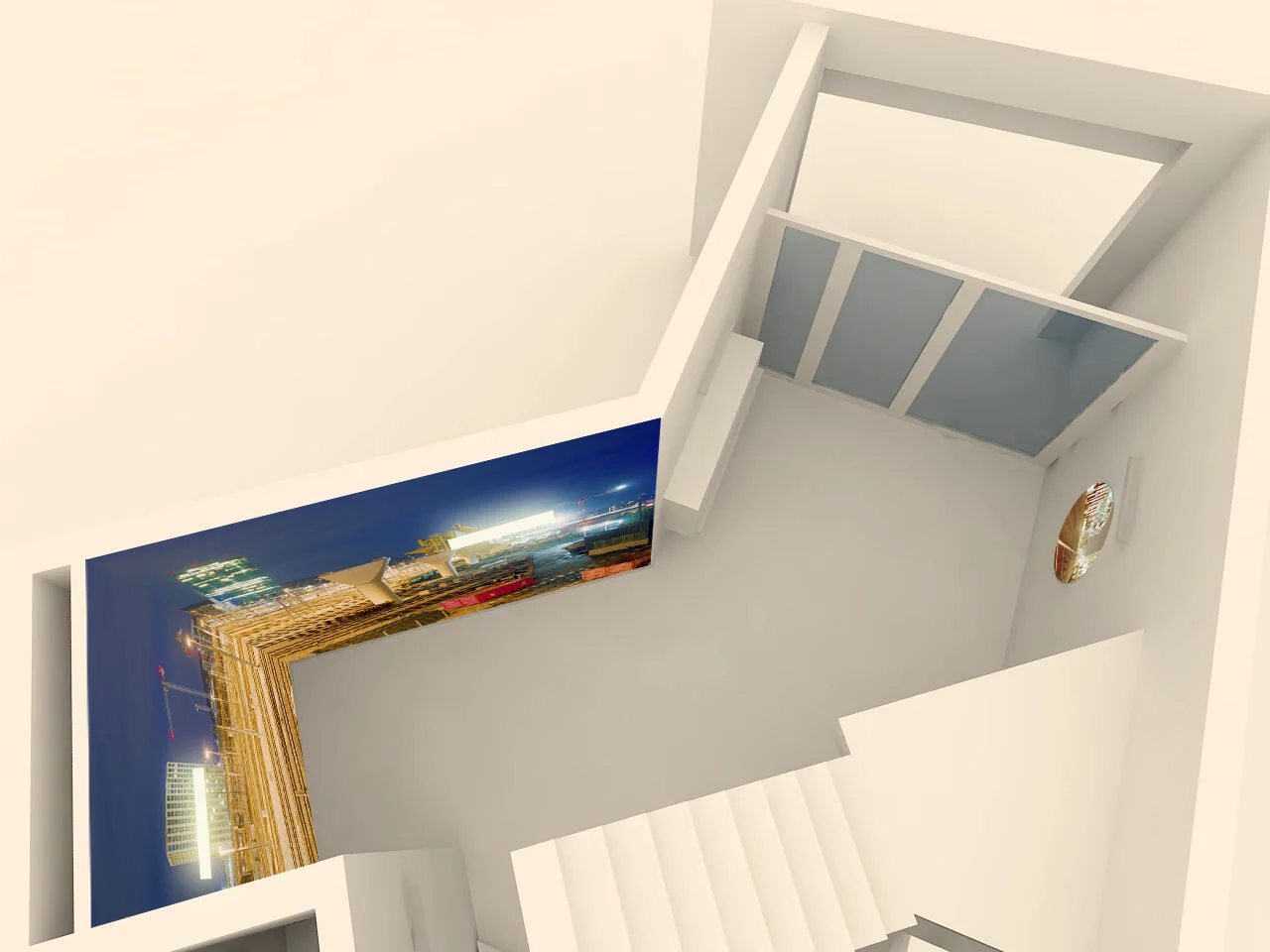Architectural visualization with photographic art along a staircase wall