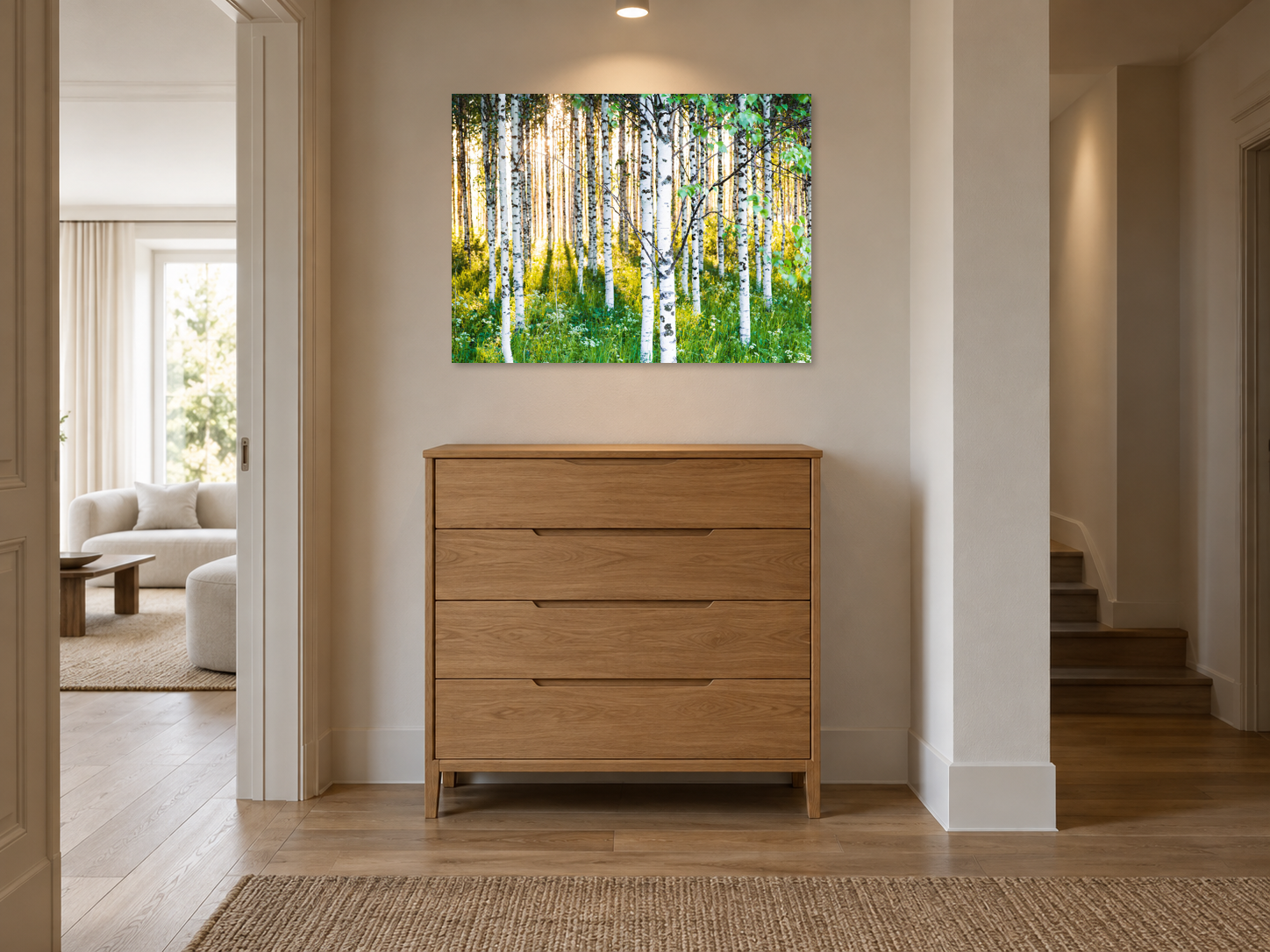 Interior visualization featuring the photographic artwork “Atmospheric birch forest 3, Finnland” by André Wagner; not a photographed installation.