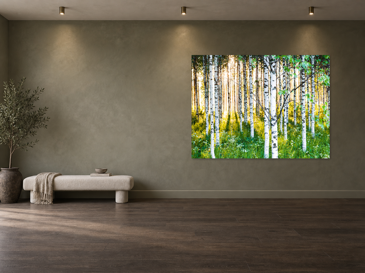 Interior visualization featuring the photographic artwork “Atmospheric birch forest 3, Finnland” by André Wagner; not a photographed installation.