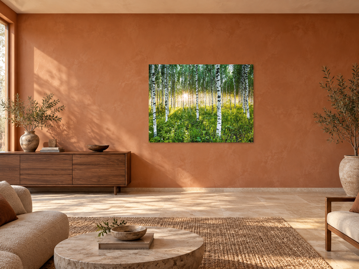 Interior visualization featuring the photographic artwork &ldquo;Atmospheric birch forest, Finnland&rdquo; by Andr&eacute; Wagner; not a photographed installation.