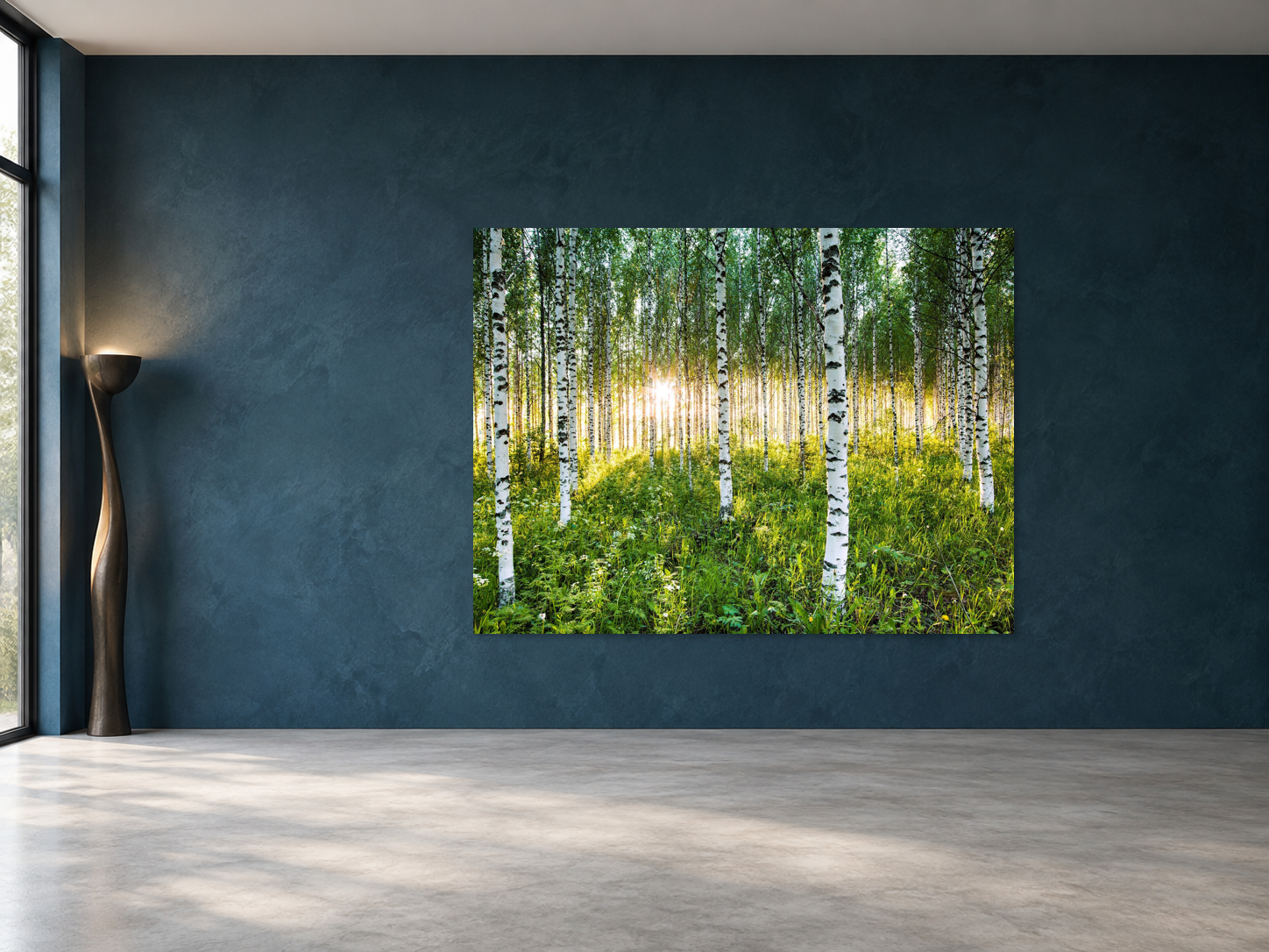 Interior visualization featuring the photographic artwork &ldquo;Atmospheric birch forest, Finnland&rdquo; by Andr&eacute; Wagner; not a photographed installation.