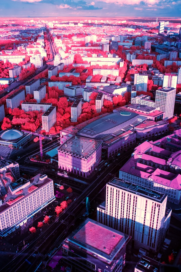 Photographie d’art infrarouge d’André Wagner: Le point de vue élevé sur la ville montre un étagement dense de maisons, de rues et de couronnes d’arbres rose lumineux — Berlin in the Shadow of the TV Tower.