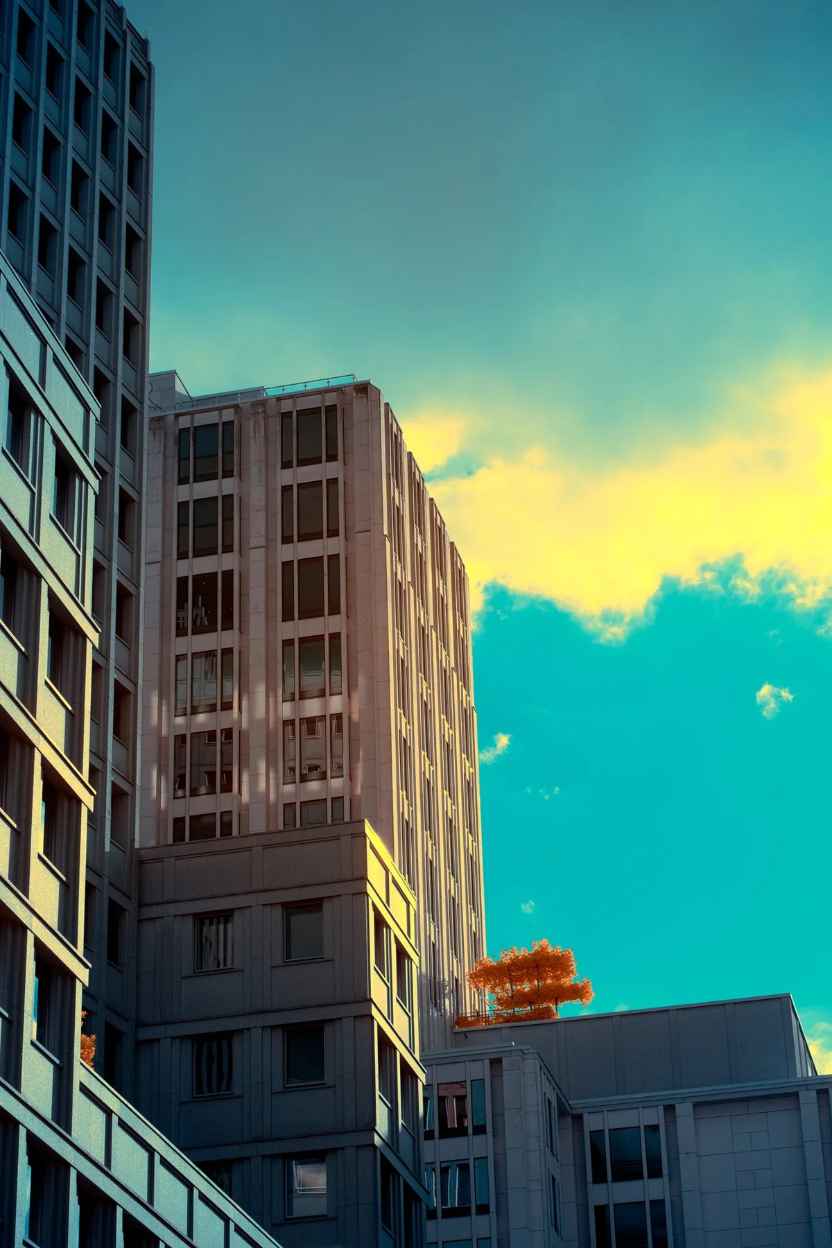 Vue vers le ciel entre des immeubles &agrave; plusieurs &eacute;tages.