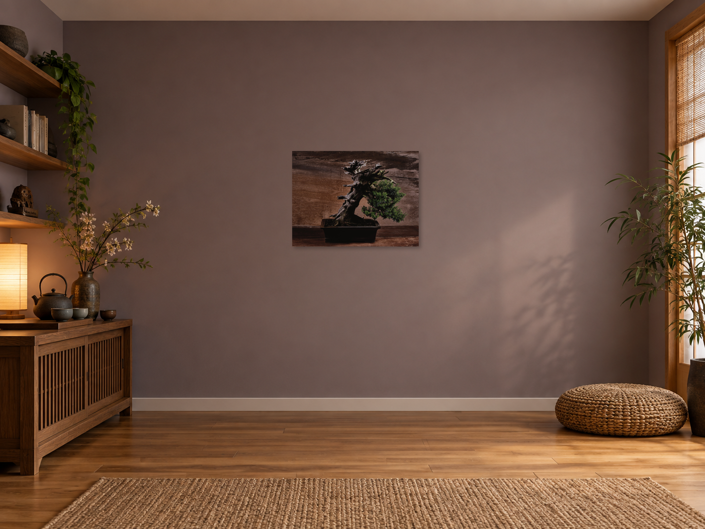 Visualisation d’intérieur avec l’œuvre photographique « Bonsai, Japan » d’André Wagner ; il ne s’agit pas d’une installation photographiée.