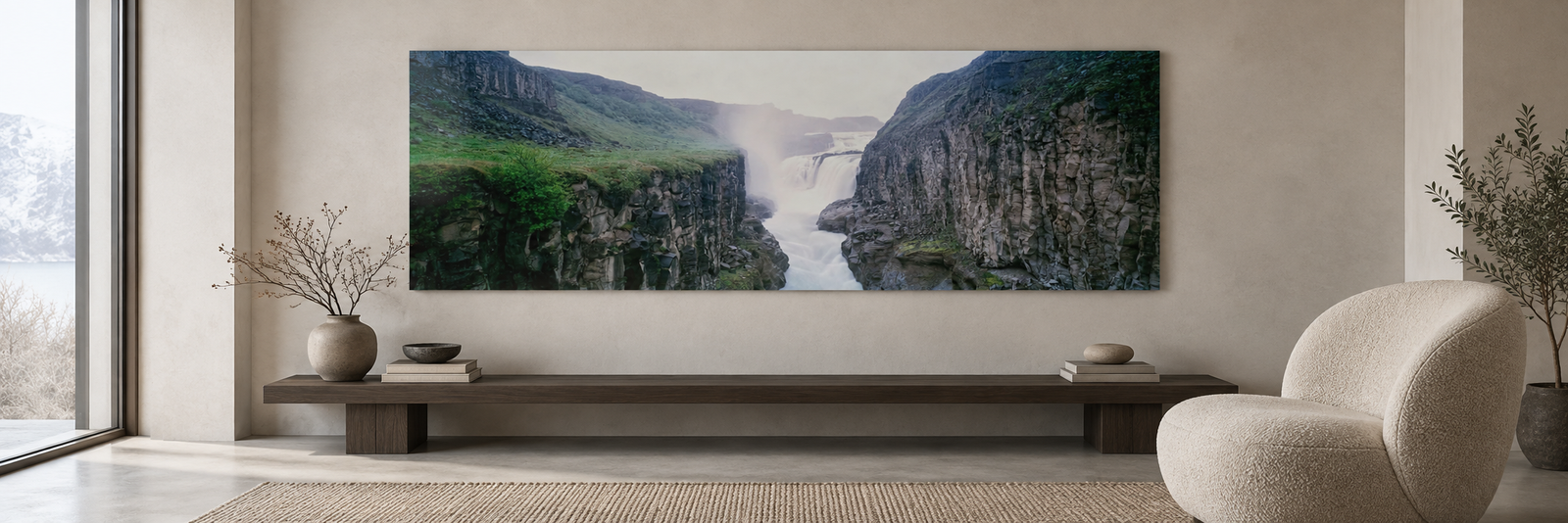 Interior visualization featuring the photographic artwork “Canyon of hvita 3, Island” by André Wagner; not a photographed installation.