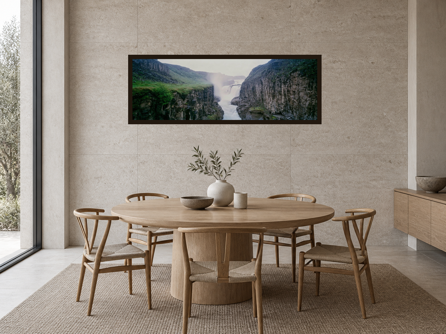 Interior visualization featuring the photographic artwork “Canyon of hvita 3, Island” by André Wagner; not a photographed installation.