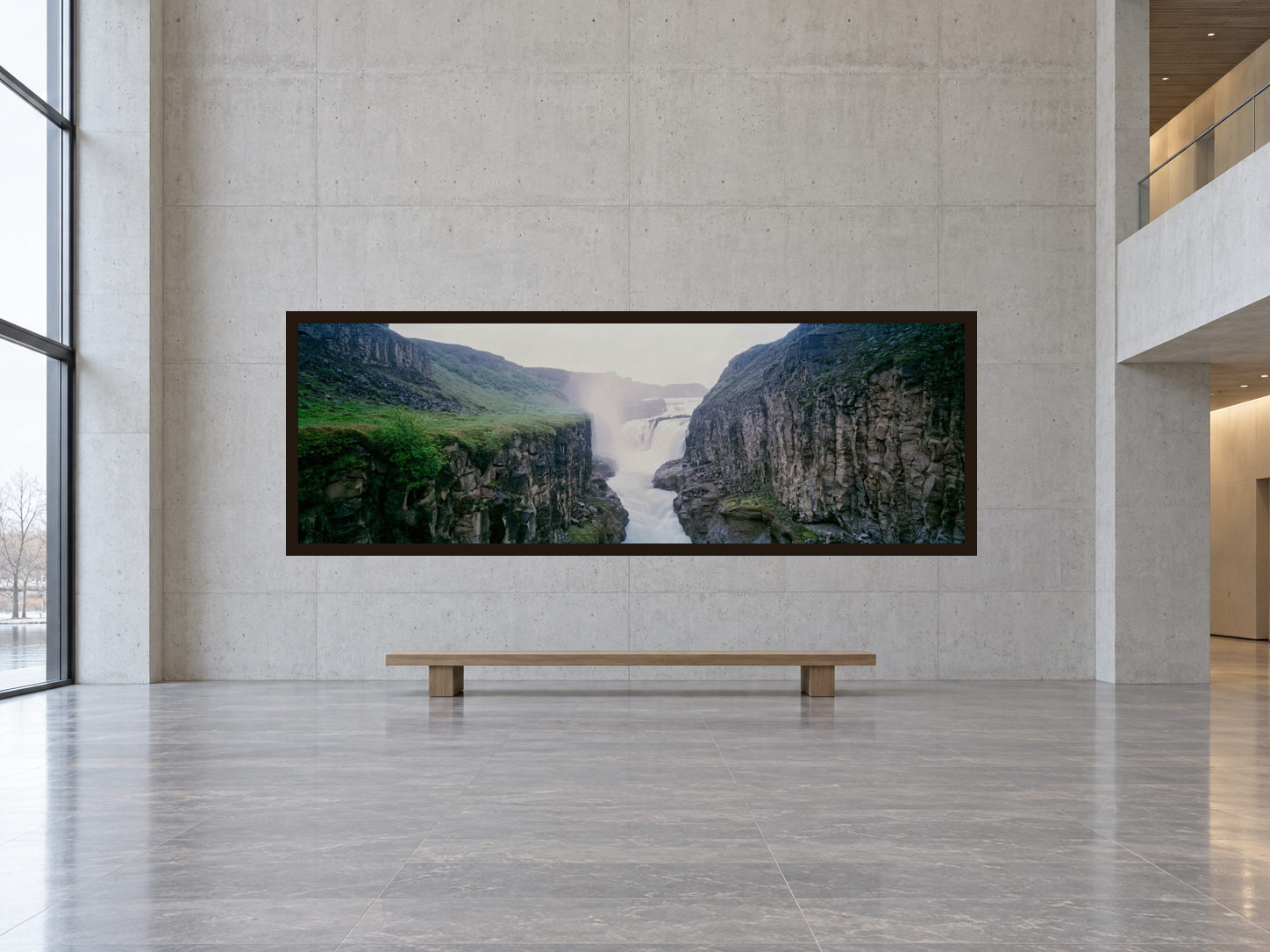 Interior visualization featuring the photographic artwork “Canyon of hvita 3, Island” by André Wagner; not a photographed installation.