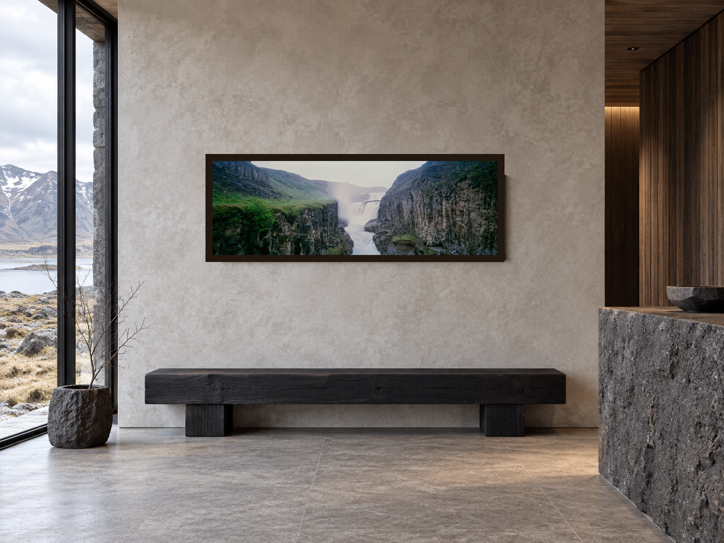 Interior visualization featuring the photographic artwork “Canyon of hvita 3, Island” by André Wagner; not a photographed installation.