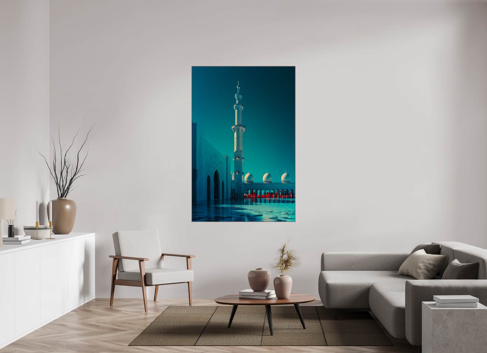 Visualisation d’intérieur avec l’œuvre photographique « Celestial Reflections at Sheikh Zayed Mosque » d’André Wagner ; il ne s’agit pas d’une installation photographiée.