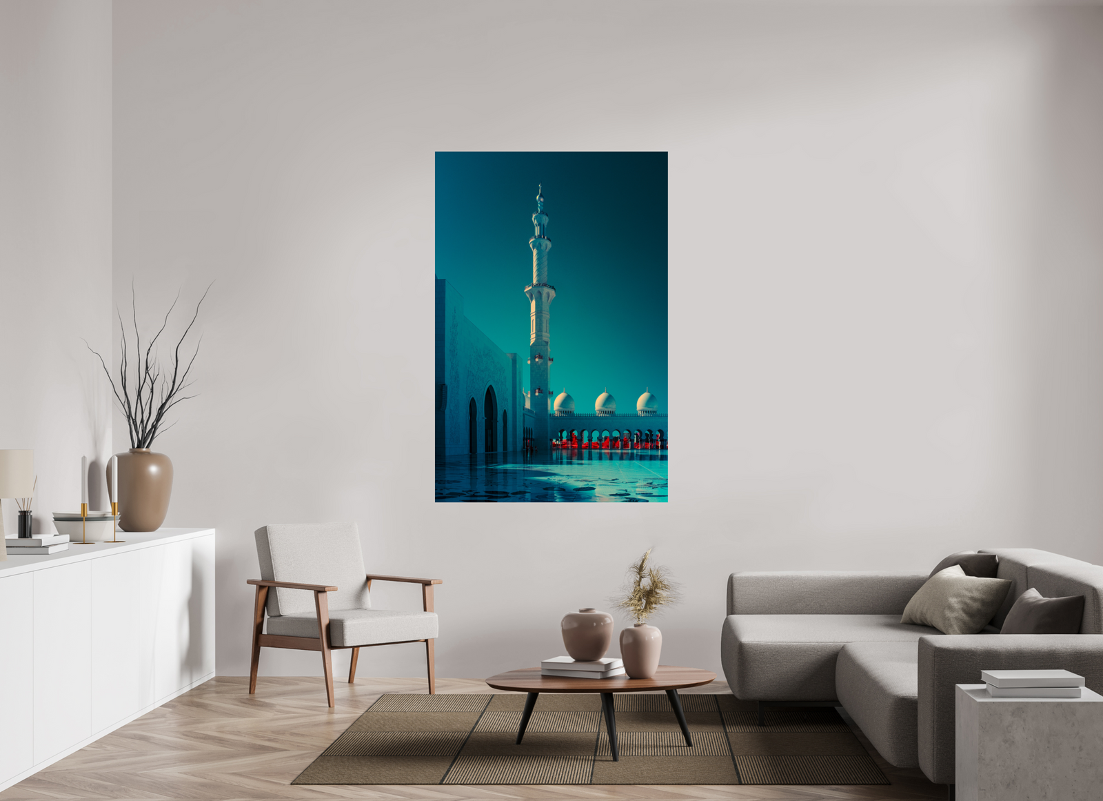 Visualisation d’intérieur avec l’œuvre photographique « Celestial Reflections at Sheikh Zayed Mosque » d’André Wagner ; il ne s’agit pas d’une installation photographiée.