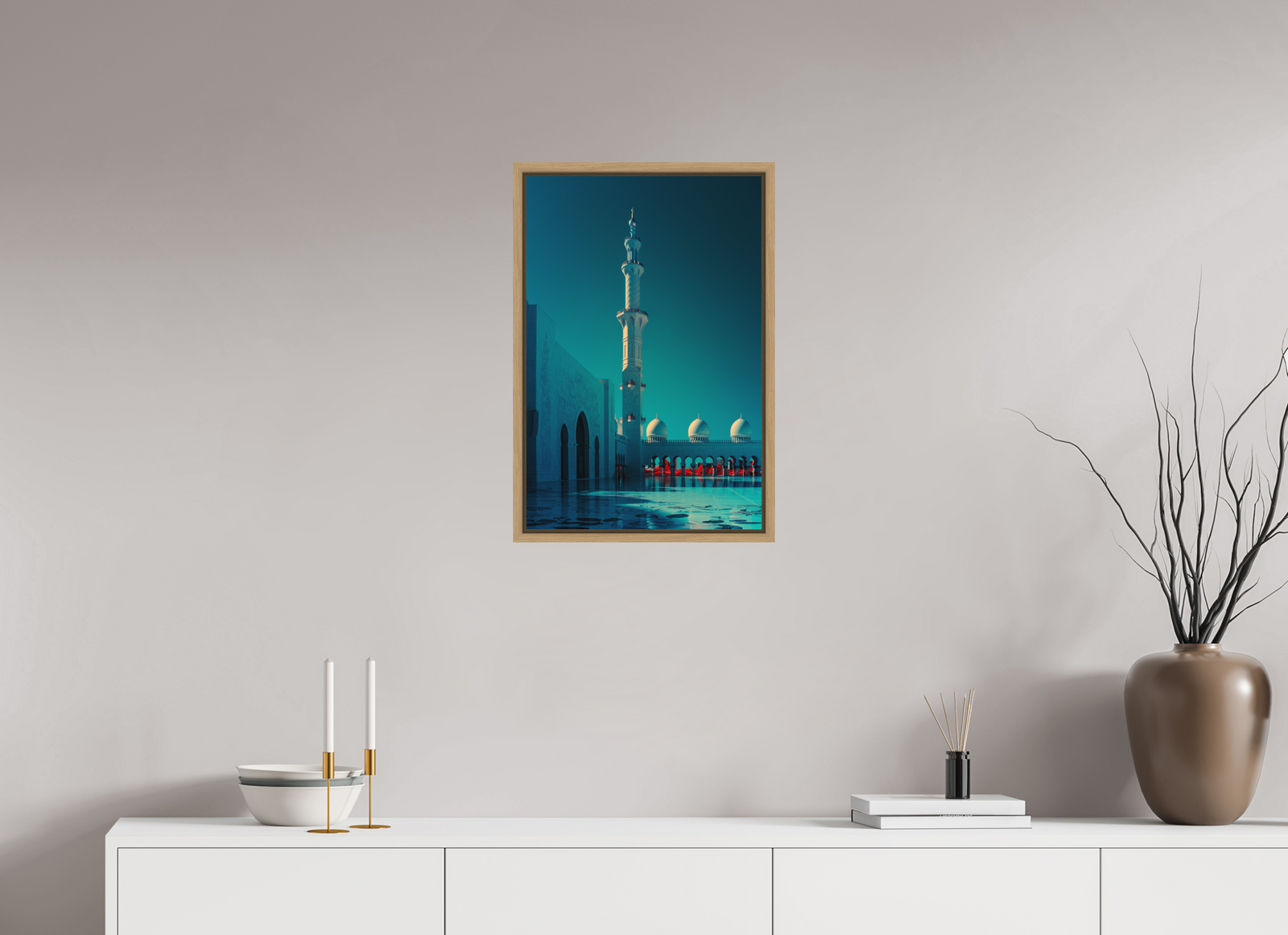Visualisation d’intérieur avec l’œuvre photographique « Celestial Reflections at Sheikh Zayed Mosque » d’André Wagner ; il ne s’agit pas d’une installation photographiée.