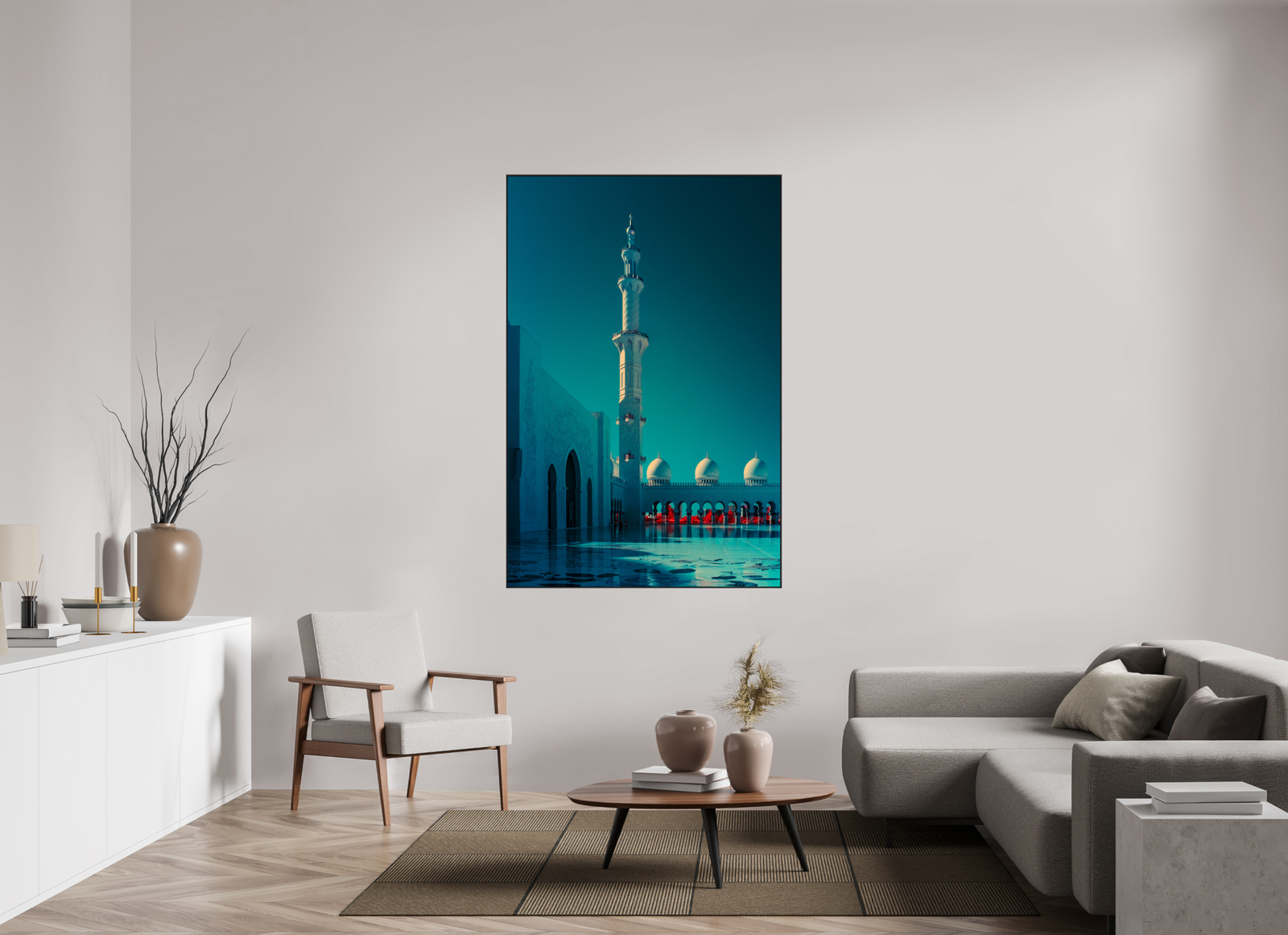 Visualisation d’intérieur avec l’œuvre photographique « Celestial Reflections at Sheikh Zayed Mosque » d’André Wagner ; il ne s’agit pas d’une installation photographiée.