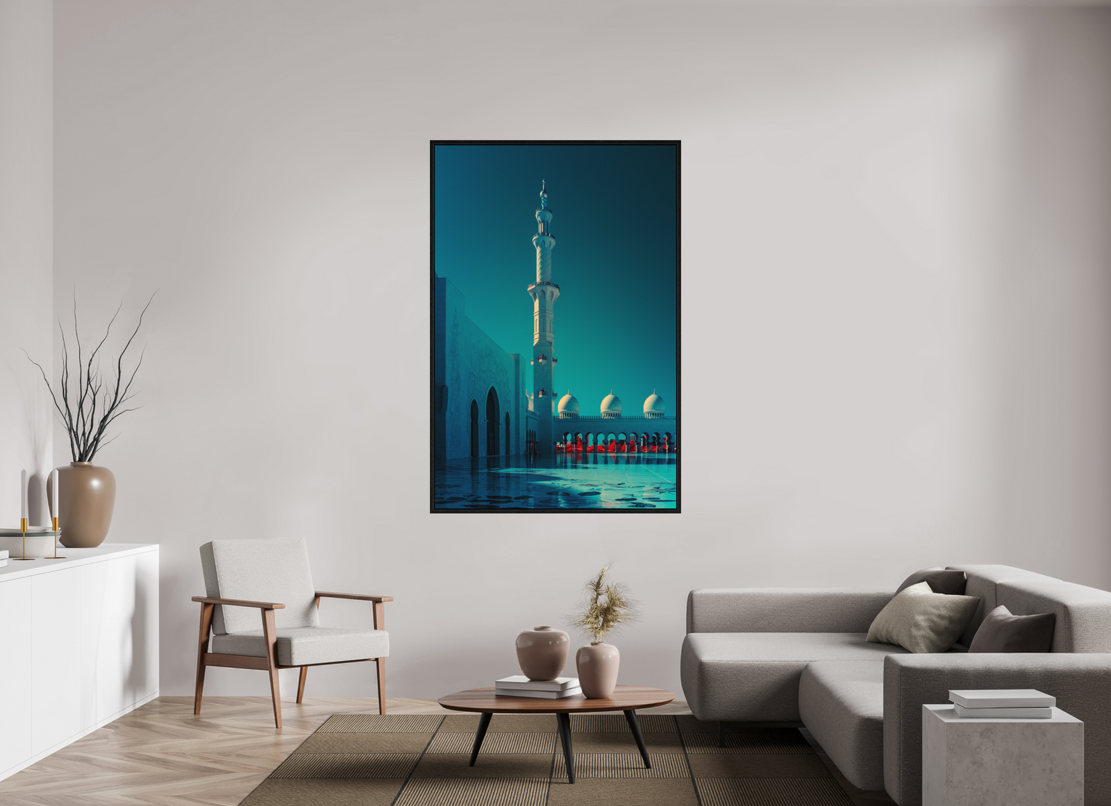 Visualisation d’intérieur avec l’œuvre photographique « Celestial Reflections at Sheikh Zayed Mosque » d’André Wagner ; il ne s’agit pas d’une installation photographiée.