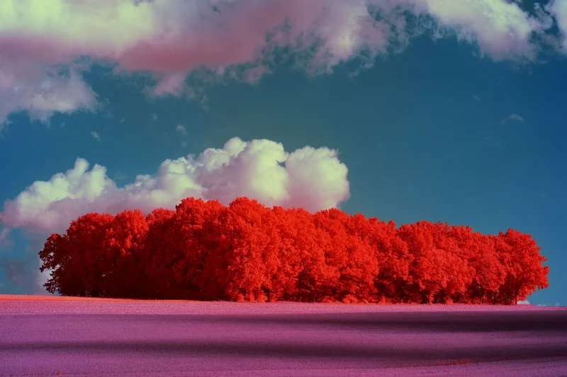 Photographie d’art infrarouge d’André Wagner: Un groupe compact d’arbres forme comme une île rouge sur une étendue plane teintée de violet — Childhood Grove.