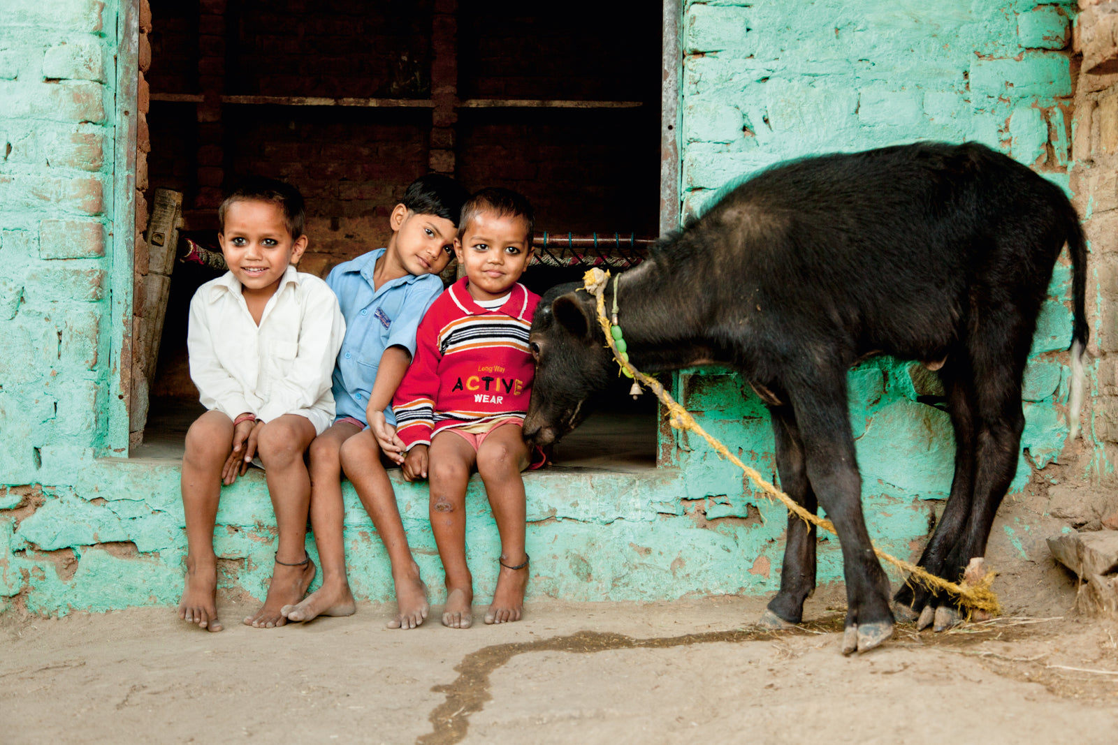 Fine art photography by Andr&eacute; Wagner: Children with a water buffalo calf in Varshana, Uttar Pradesh.