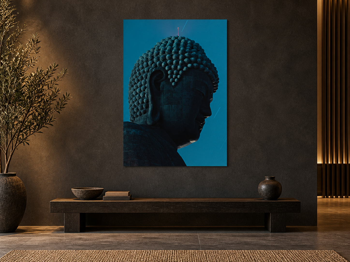 Interior visualization featuring the photographic artwork “Daibutsu head, Japan” by André Wagner; not a photographed installation.