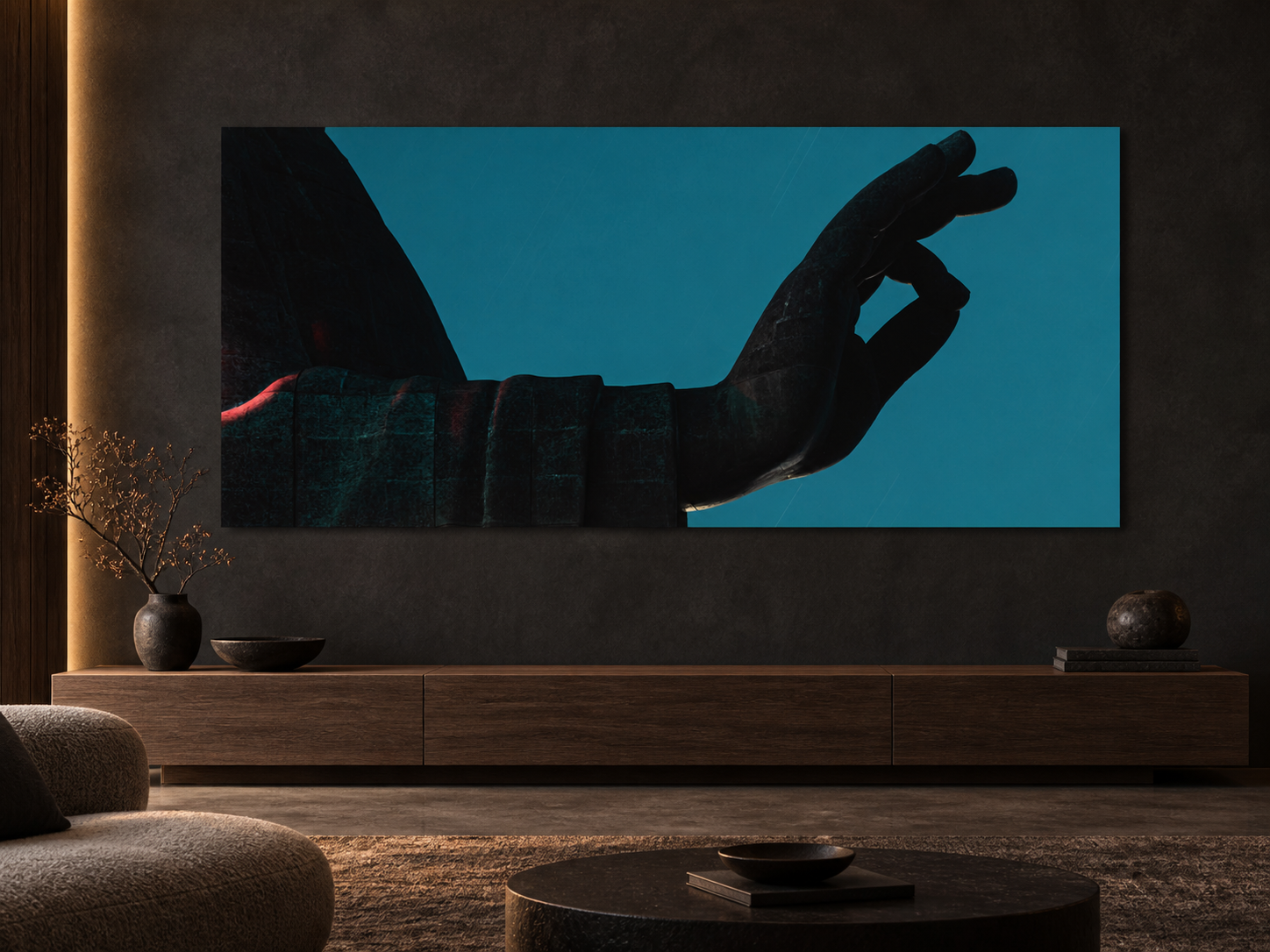 Interior visualization featuring the photographic artwork “Daibutsu right hand, Japan” by André Wagner; not a photographed installation.