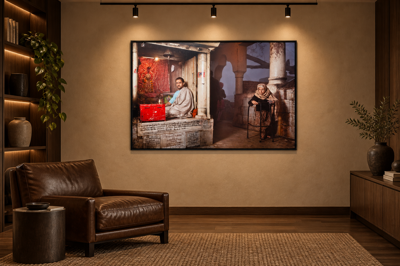 Interior visualization featuring the photographic artwork “Daily Visit of the Yamuna Temple, Indien” by André Wagner; not a photographed installation.