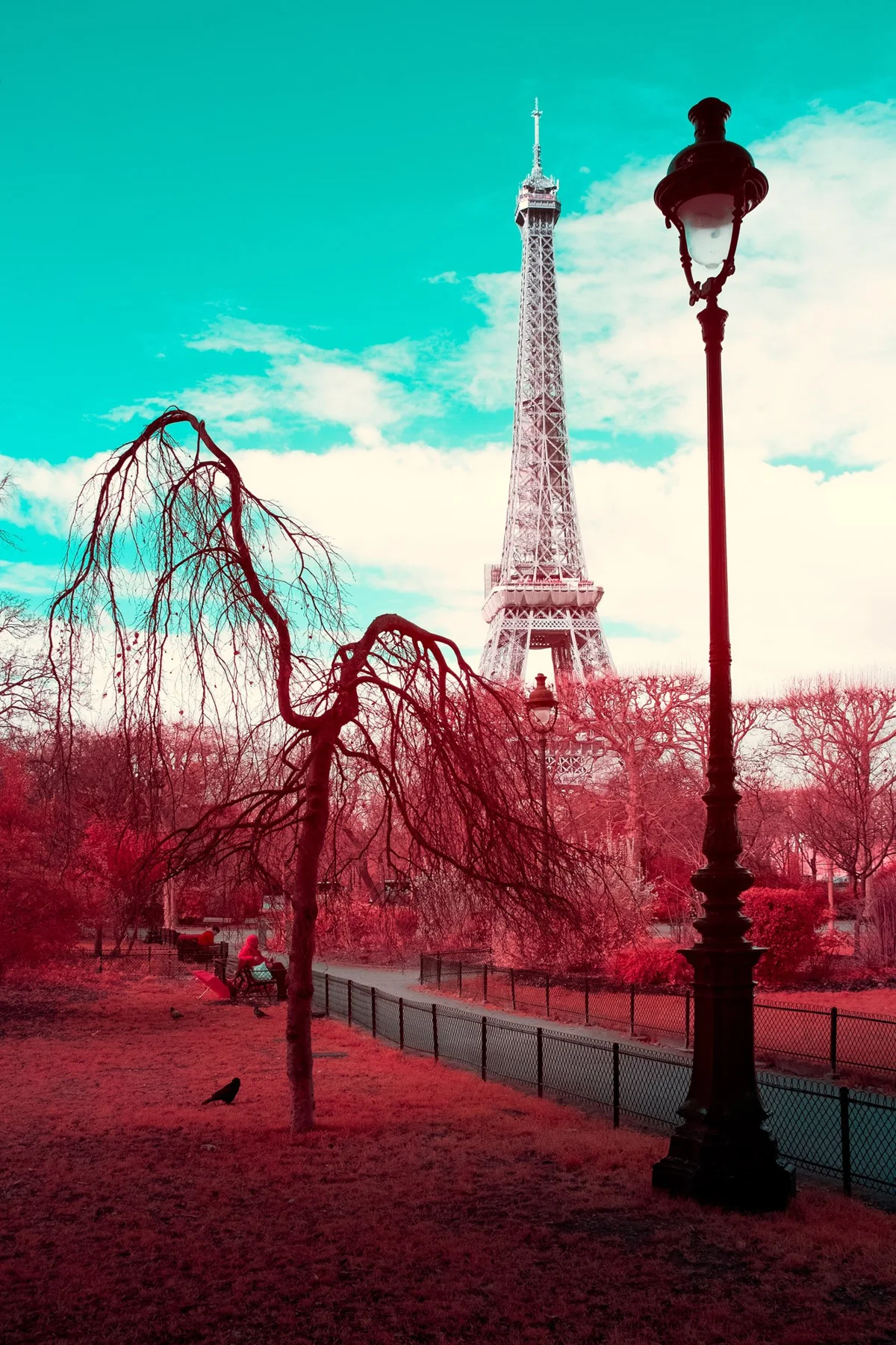 La tour Eiffel au-dessus d&rsquo;un parc aux couleurs infrarouges.