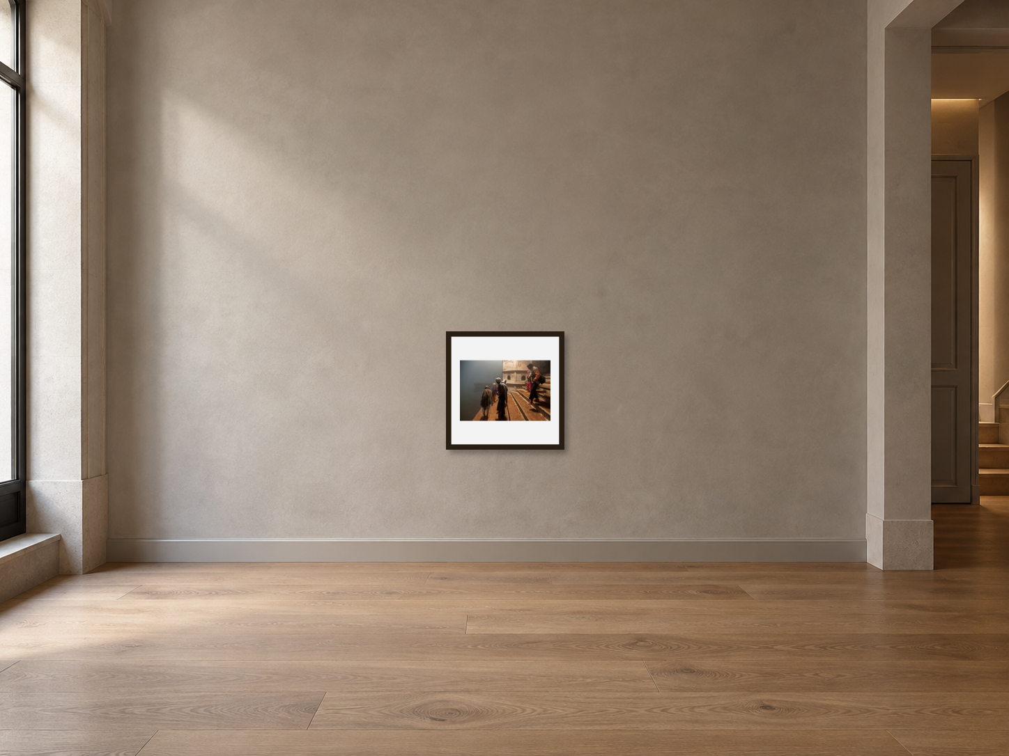 Interior visualization with the photographic artwork “Descending to yamuna river, Indien” by André Wagner; not a photographed installation.
