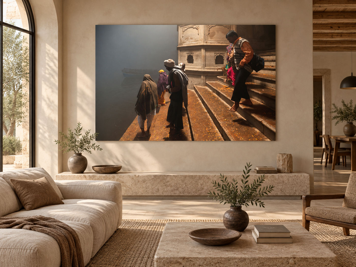 Interior visualization featuring the photographic artwork “Descending to yamuna river, Indien” by André Wagner; not a photographed installation.