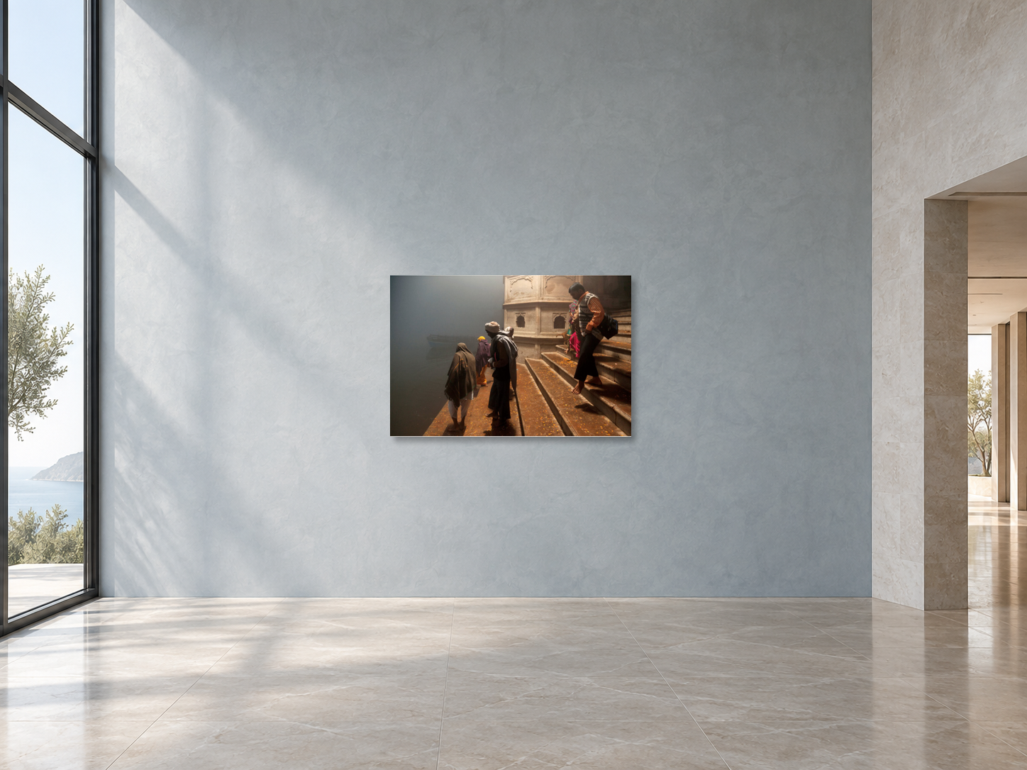 Interior visualization with the photographic artwork “Descending to yamuna river, Indien” by André Wagner; not a photographed installation.