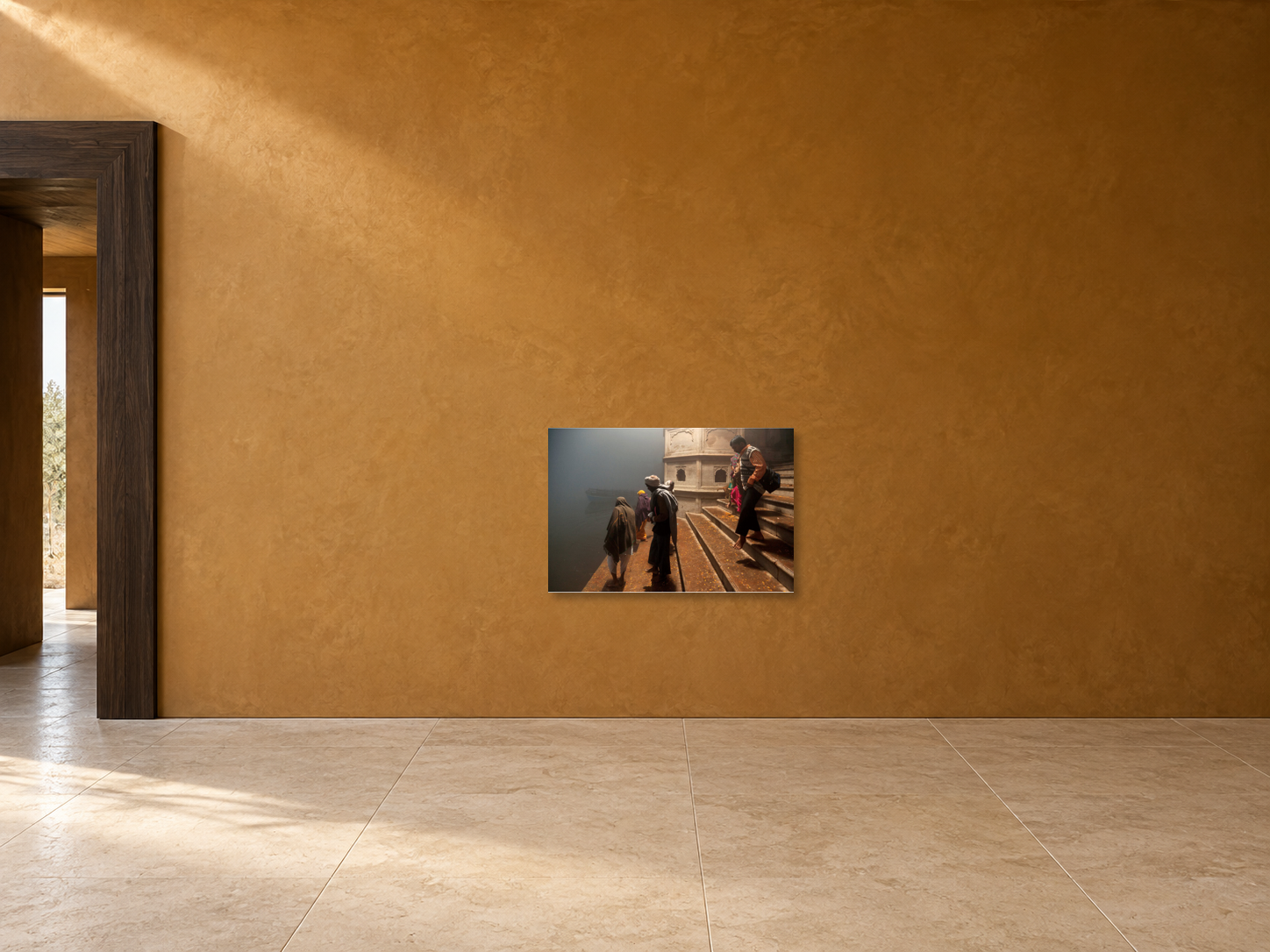 Interior visualization with the photographic artwork “Descending to yamuna river, Indien” by André Wagner; not a photographed installation.