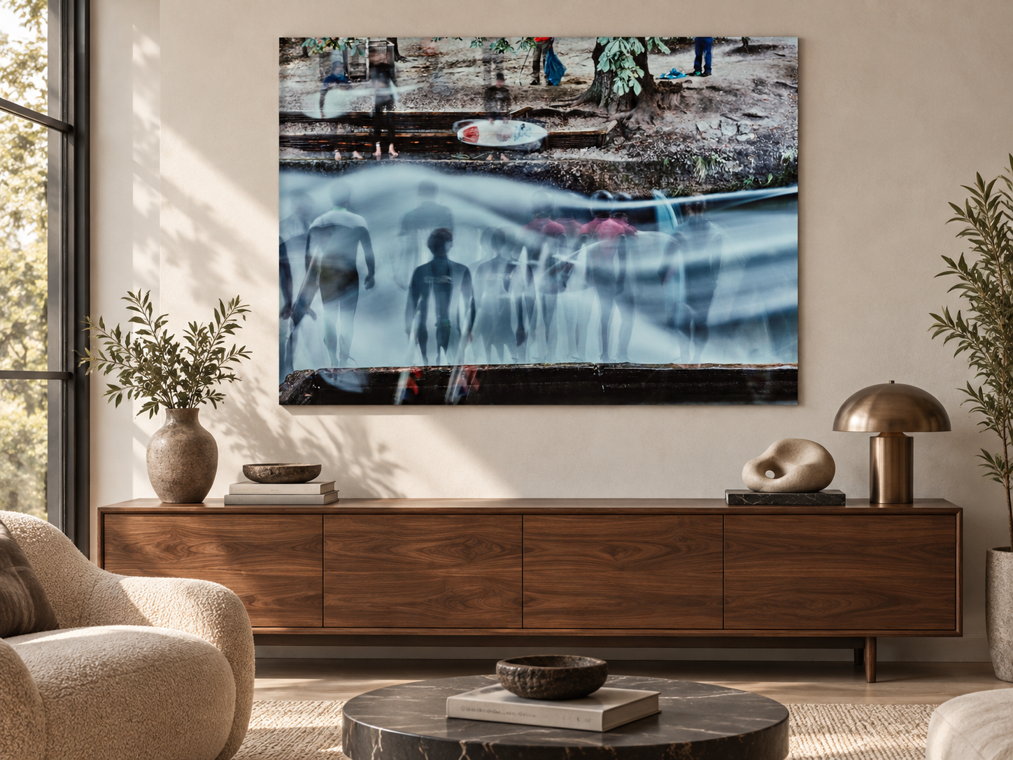 Interior visualization featuring the photographic artwork “Eisbach surfer, Deutschland” by André Wagner; not a photographed installation.