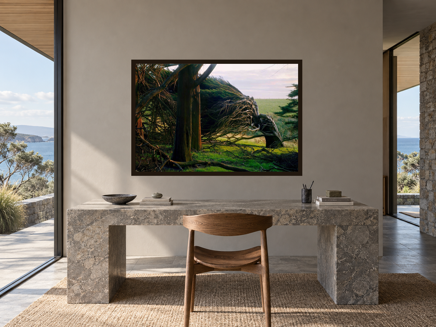 Interior visualization featuring the photographic artwork “Fight 2, Neuseeland” by André Wagner; not a photographed installation.