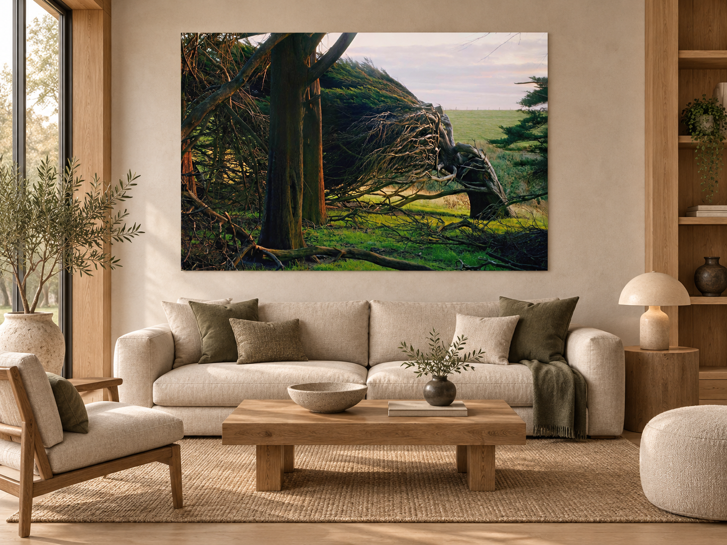 Interior visualization featuring the photographic artwork “Fight 2, Neuseeland” by André Wagner; not a photographed installation.