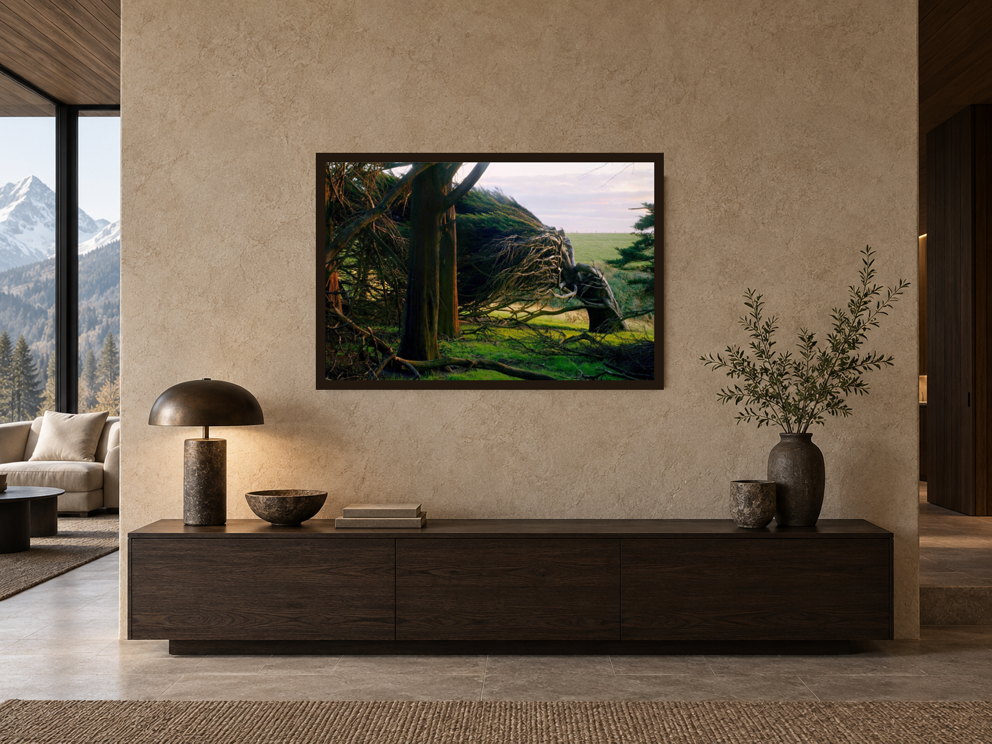 Interior visualization featuring the photographic artwork “Fight 2, Neuseeland” by André Wagner; not a photographed installation.