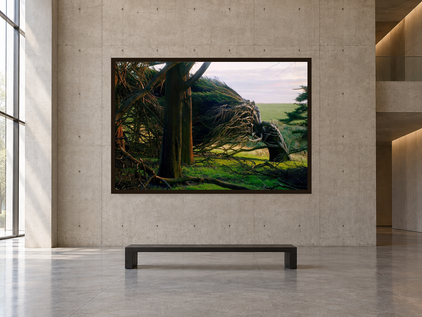 Interior visualization featuring the photographic artwork “Fight 2, Neuseeland” by André Wagner; not a photographed installation.