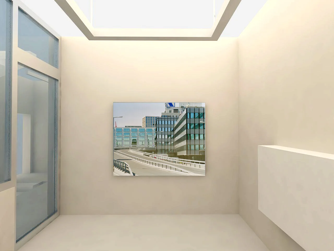 Architectural photographic artwork displayed on a pale wall