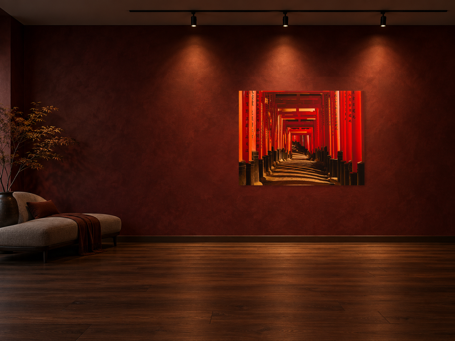 Visualisation d’intérieur avec l’œuvre photographique « Fushimi inari-tasisha 10, Japan » d’André Wagner ; il ne s’agit pas d’une installation photographiée.