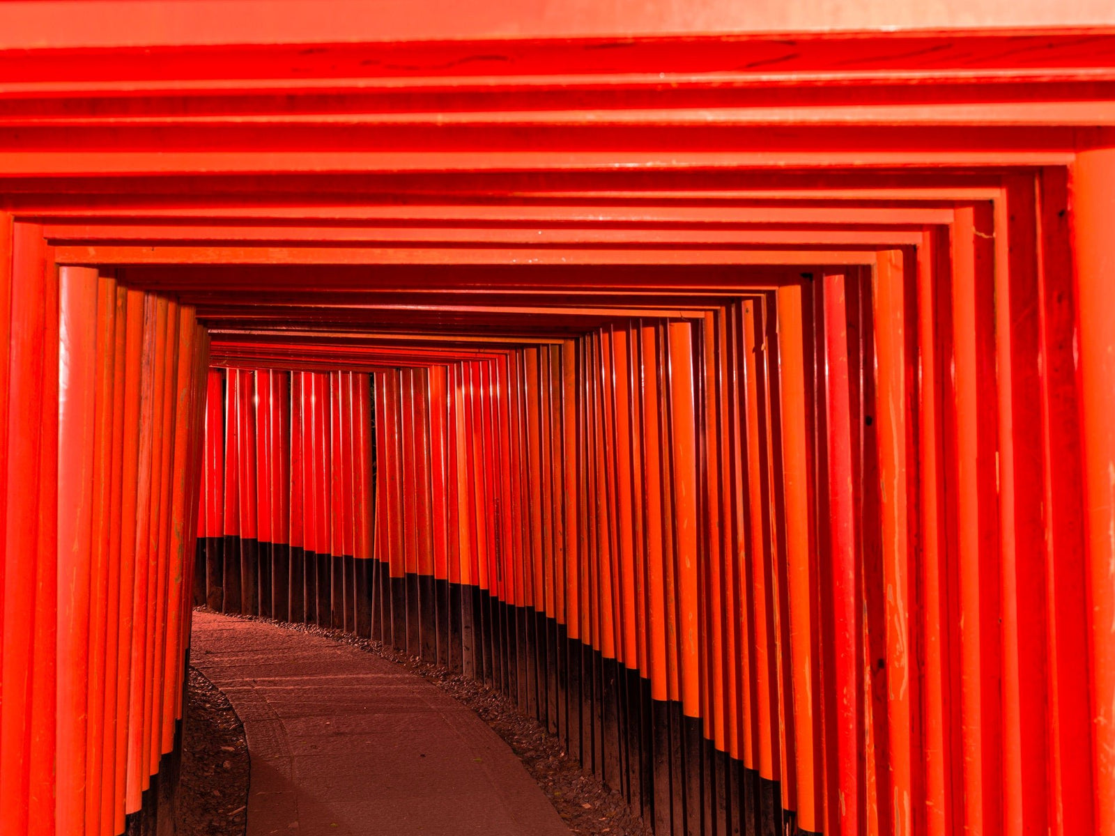 Fine art photography by André Wagner: Red uprights and crossbars form a tightly framed passage bending left — Fushimi Inari-Tasisha 5, Japan.