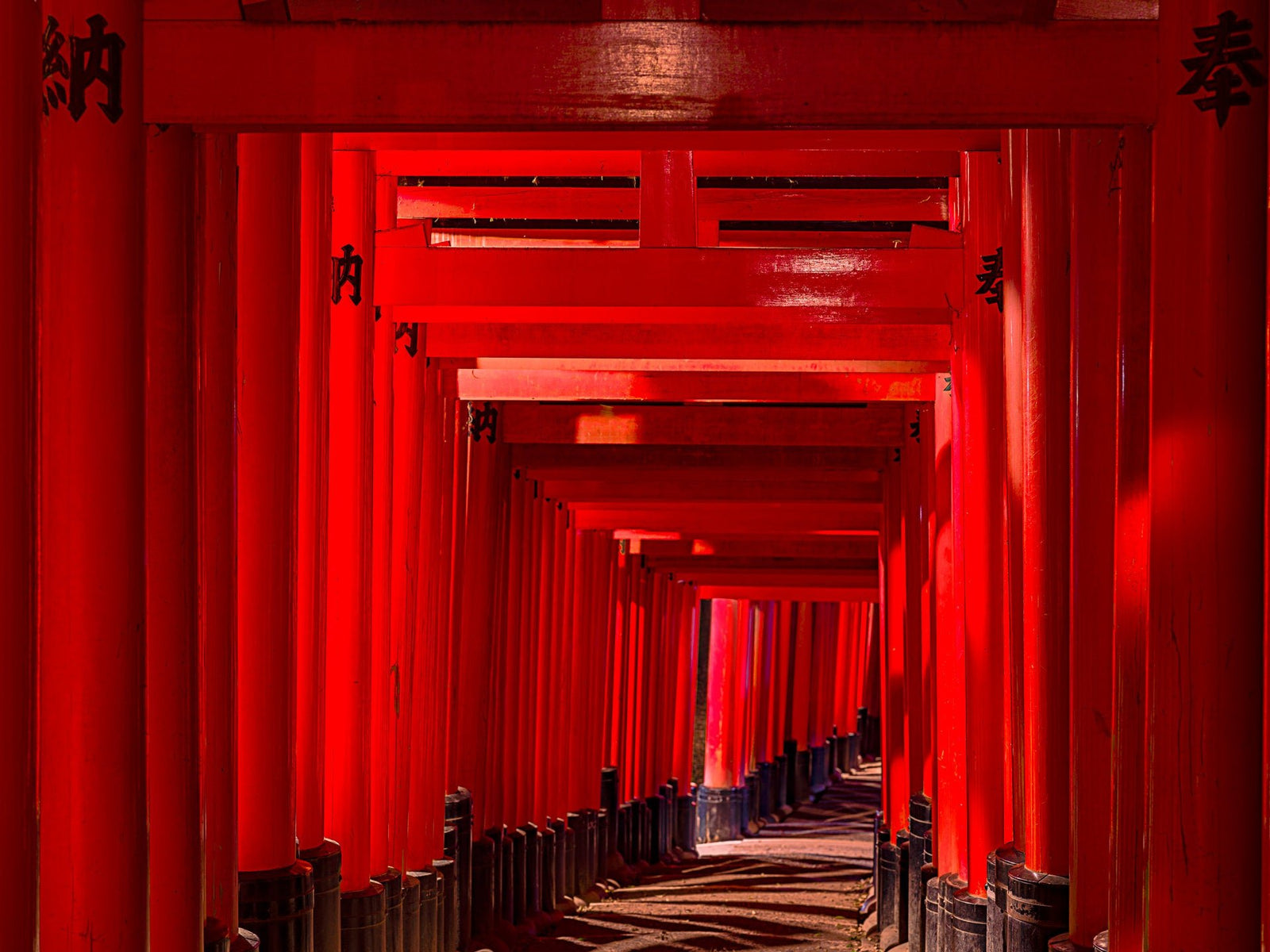 Fine art photography by André Wagner: A nearby red crossbar closes the upper edge; further gates recede into a narrow, offset depth — Fushimi Inari-Tasisha 9, Japan.