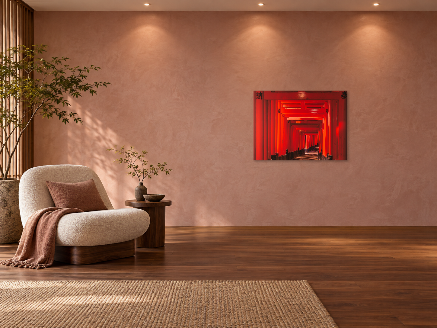 Visualisation d’intérieur avec l’œuvre photographique « Fushimi Inari-Tasisha 9, Japan » d’André Wagner ; il ne s’agit pas d’une installation photographiée.