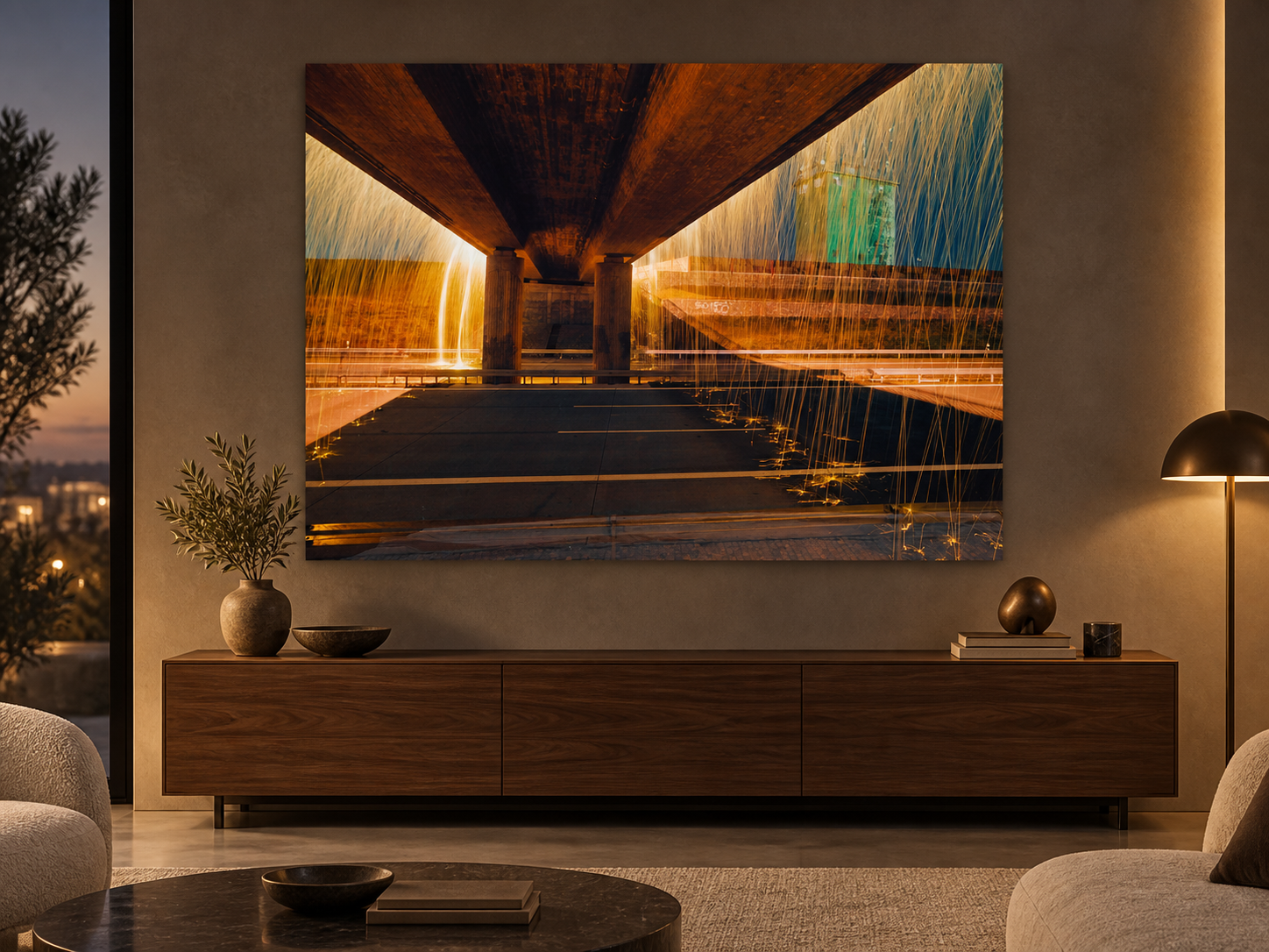 Visualisation d’intérieur avec l’œuvre photographique « Golden bridge 1, Deutschland » d’André Wagner ; il ne s’agit pas d’une installation photographiée.