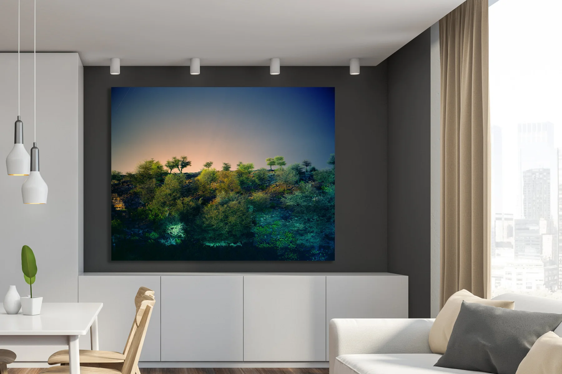 Interior visualization with the photographic artwork &ldquo;Govardhan Hill, Indien&rdquo; by Andr&eacute; Wagner; not a photographed installation.