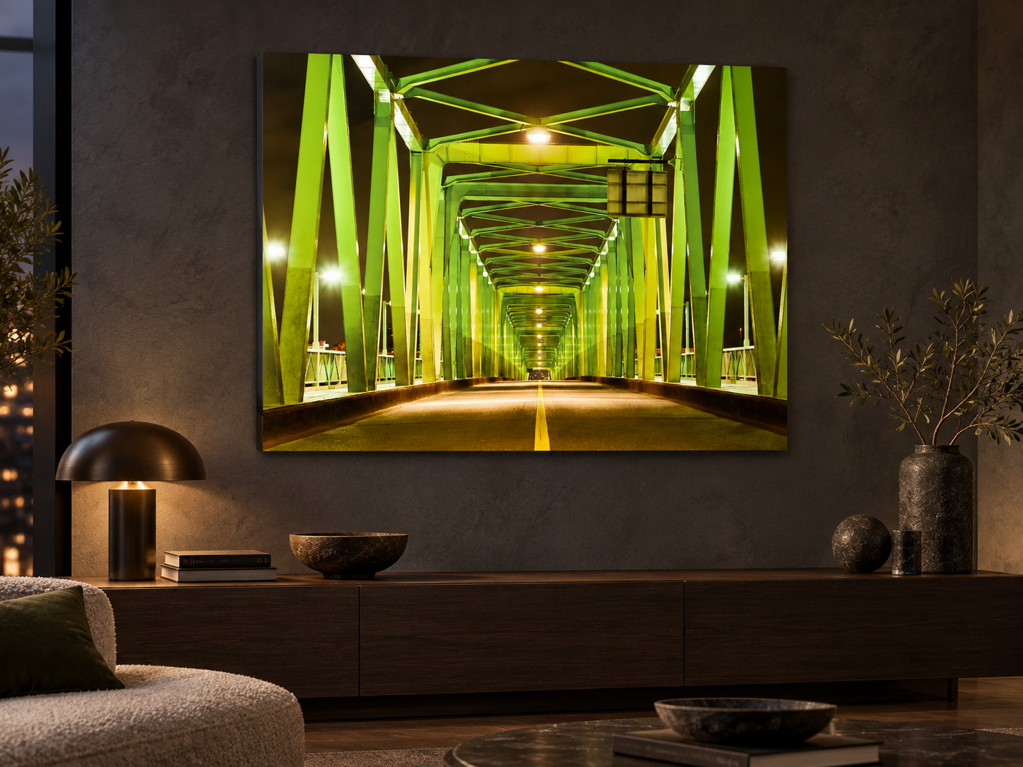 Interior visualization featuring the photographic artwork “Green bridge in tokyo, Japan” by André Wagner; not a photographed installation.