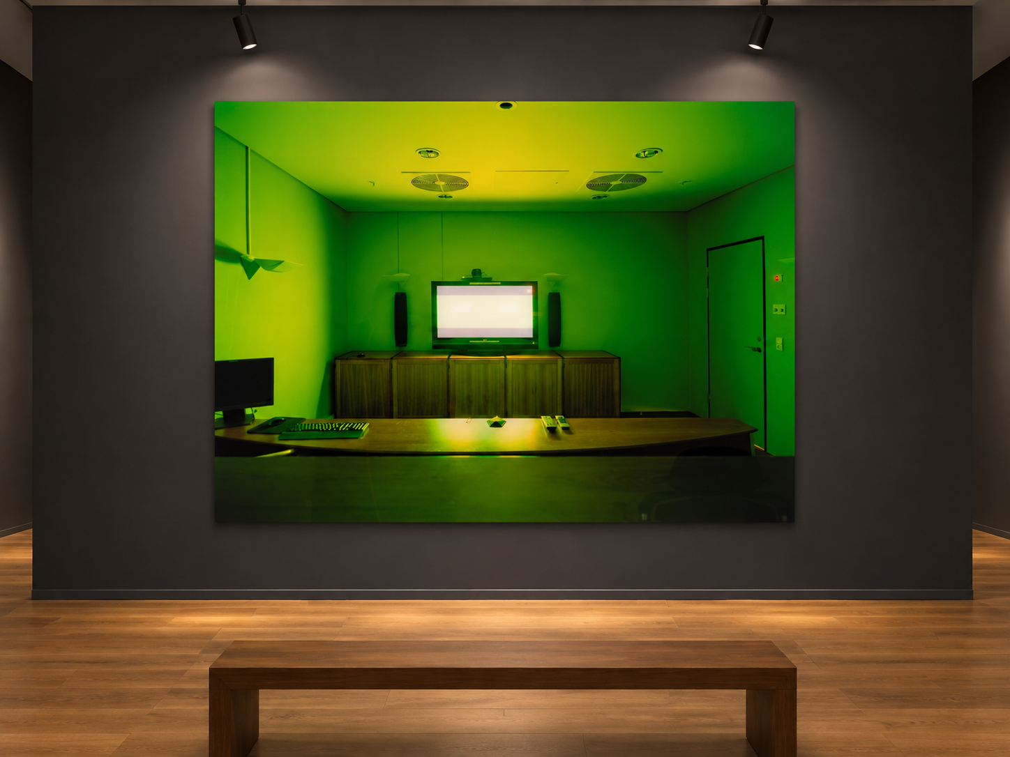 Visualisation d’intérieur avec l’œuvre photographique « Green Chat, Dänemark » d’André Wagner ; il ne s’agit pas d’une installation photographiée.