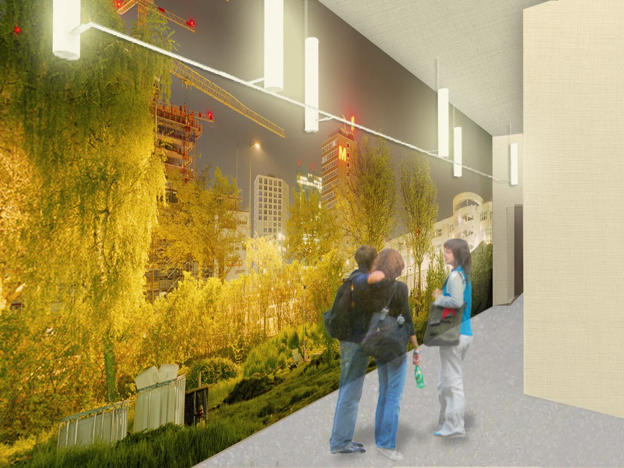 Large photographic artwork with yellow foliage in an illuminated entrance hall