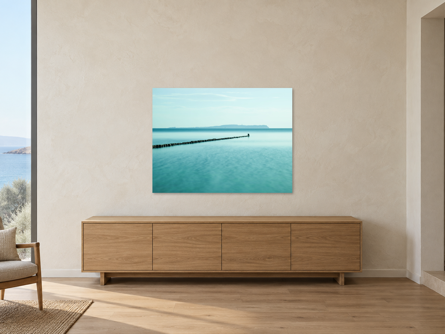 Interior visualization featuring the photographic artwork “Hiddensee 1, Deutschland” by André Wagner; not a photographed installation.