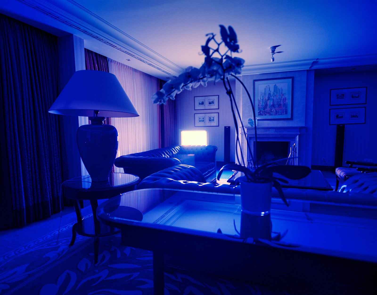 Fine art photography by Andr&eacute; Wagner: A large lamp stands before the window on the left, while long plant stems reach across a low table &mdash; Hotel Room in New York 4.