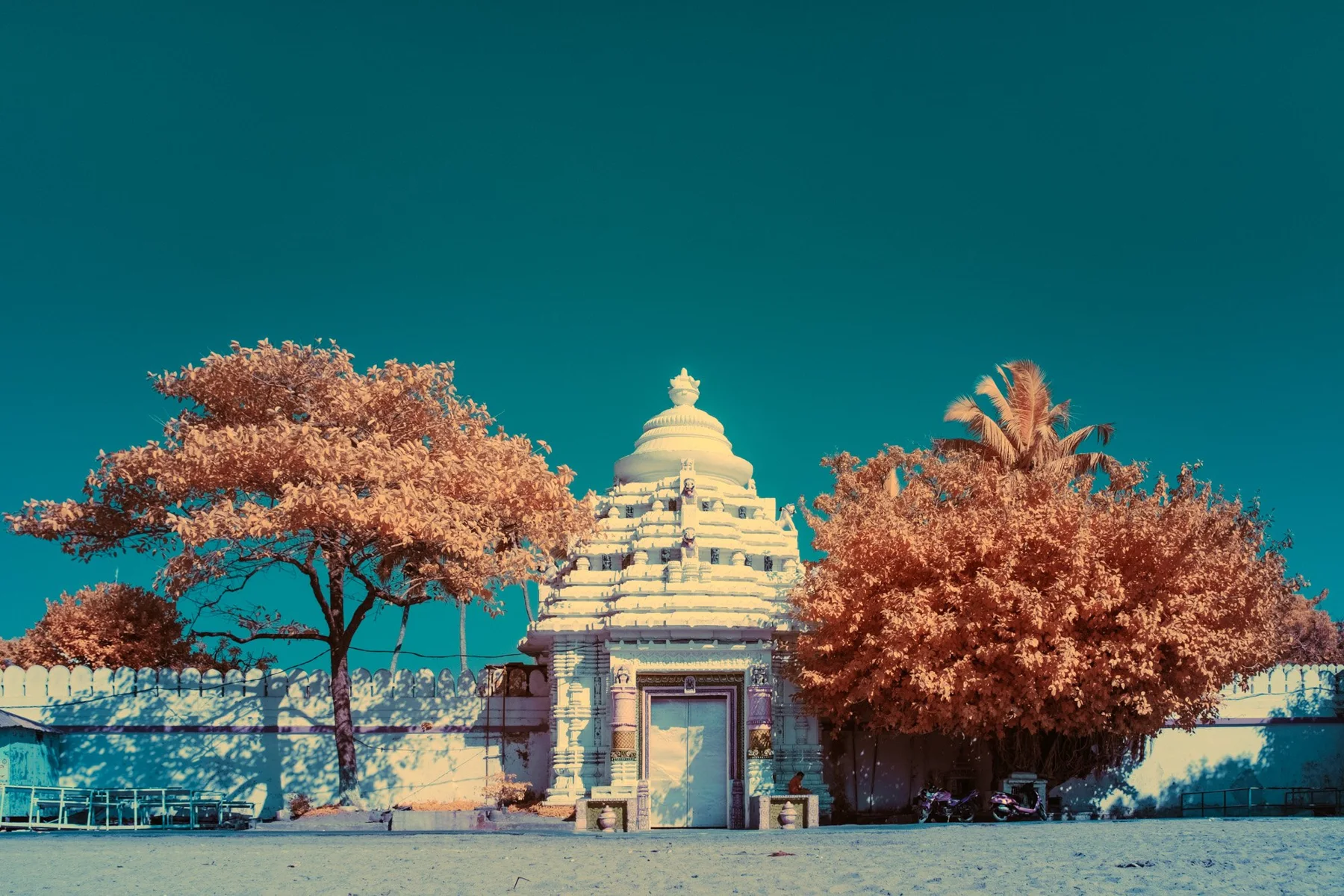 Photographie d&rsquo;art infrarouge d&rsquo;un petit temple entre des arbres rouge&acirc;tres