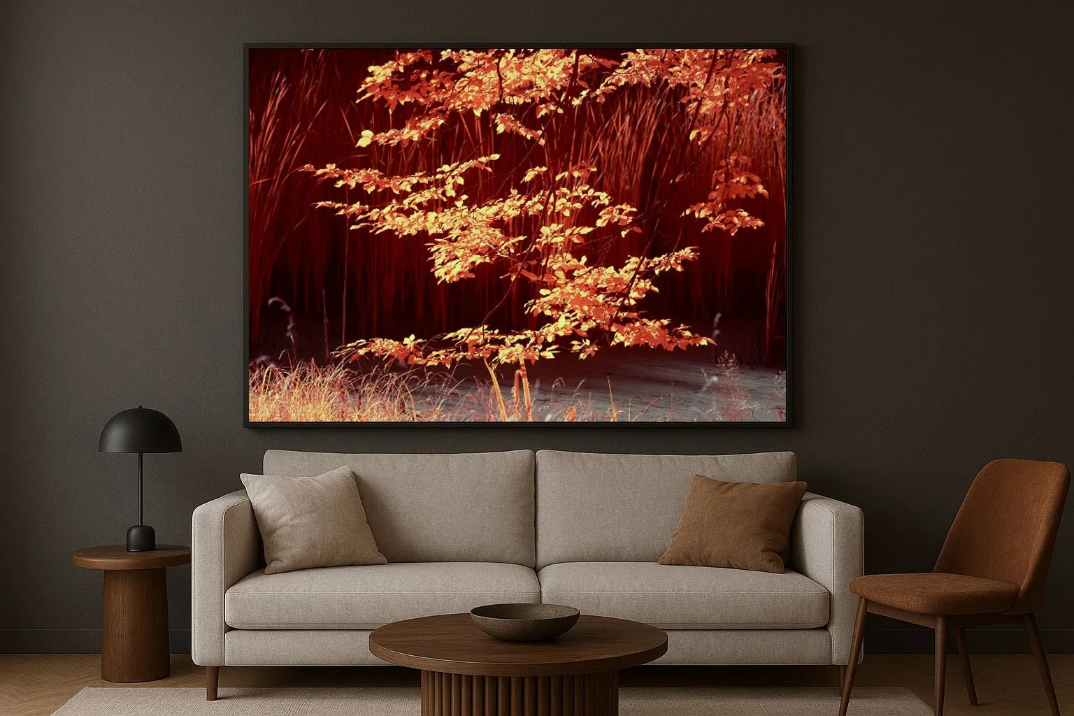 Infrarotfotografie eines leuchtend orangefarbenen Baums vor dunklem Schilf &ndash; Kunstwerk von Andr&eacute; Wagner als zentrales Element in einem modernen Wohnraum.