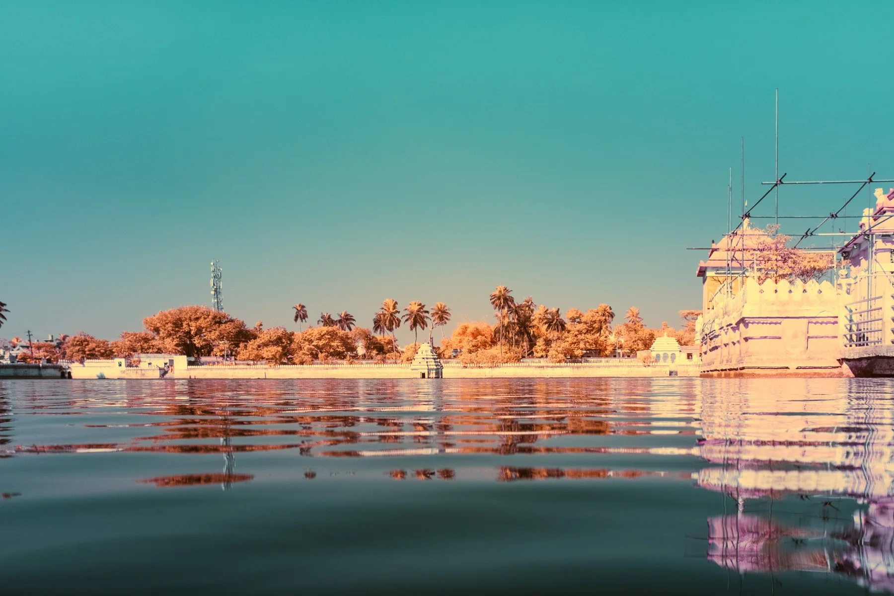 Photographie d&rsquo;art infrarouge d&rsquo;un bassin bord&eacute; d&rsquo;architecture et de palmiers